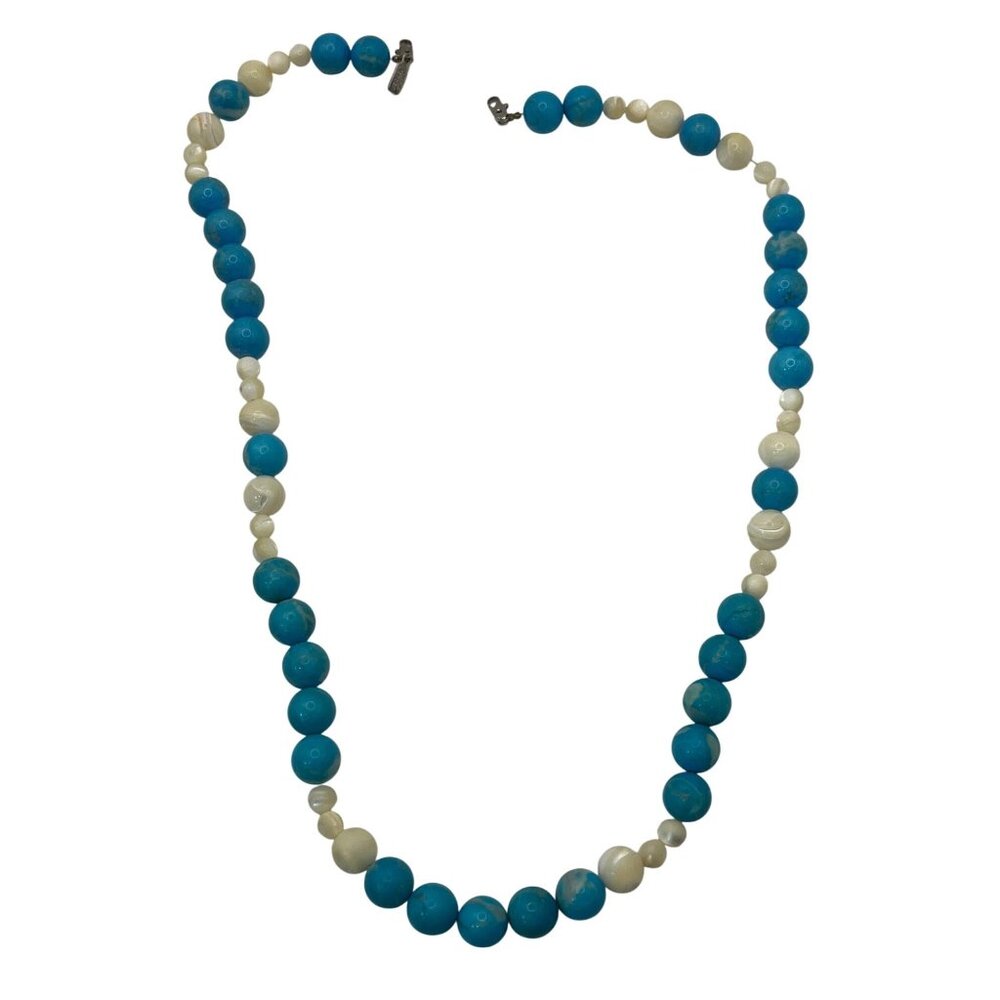 Vintage Blue & White Beaded Necklace With Tag & Lobster Clasp A409